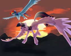 Size: 1011x791 | Tagged: safe, artist:kyuremgirl, artist:sugguk, character:rainbow dash, character:twilight sparkle, character:twilight sparkle (alicorn), species:alicorn, species:pegasus, species:pony, collaboration, duo, dusk, flying, flying lesson, mountain, spread wings, sunset, wings