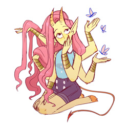 Size: 1500x1500 | Tagged: safe, artist:stevetwisp, character:fluttershy, satyr, bracelet, butterfly, clothing, cloven hooves, demon, demon horns, demon tail, devil tail, hand on face, hooves, horns, jewelry, kneeling, long hair, monster, monster girl, multiple arms, multiple limbs, nail polish, pointed ears, shorts, six arms, species swap, tail