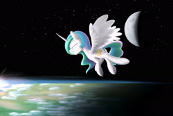 Size: 3000x2000 | Tagged: safe, artist:stillwaterspony, character:princess celestia, species:alicorn, species:pony, newbie artist training grounds, atg 2017, eyes closed, female, floating, meditation, moon, orbit, planet, ponies in space, solo, space, stars