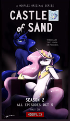 Size: 3500x6000 | Tagged: safe, artist:gasmaskfox, character:princess celestia, character:princess luna, species:alicorn, species:pony, bipedal, crown, female, house of cards, jewelry, looking at you, mare, parody, pink-mane celestia, regalia, royal sisters, sisters, sitting, smiling