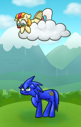 Size: 600x940 | Tagged: safe, artist:alittleofsomething, character:sonic the hedgehog, oc, oc:lola cloudmaker, species:pony, cloud, commission, mountain, ponified, rain, raincloud, sonic the hedgehog (series)