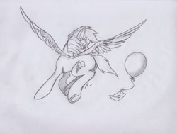 Size: 2211x1672 | Tagged: safe, artist:scribblepwn3, character:rainbow dash, species:pegasus, species:pony, balloon, female, flying, letter, mare, monochrome, pencil drawing, solo, traditional art, underhoof