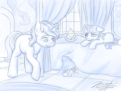Size: 1024x768 | Tagged: safe, artist:novaintellus, character:shining armor, character:smarty pants, character:twilight sparkle, species:pony, species:unicorn, newbie artist training grounds, atg 2017, bedroom, brother and sister, duo, female, male, monochrome, sibling bonding, siblings, sketch, younger