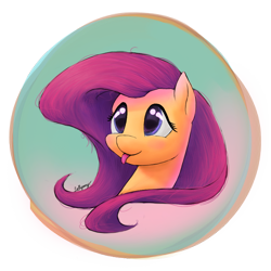 Size: 800x800 | Tagged: safe, artist:lollipony, character:fluttershy, species:pegasus, species:pony, blushing, bust, button, cute, female, looking away, looking up, mare, portrait, shyabetes, silly, silly pony, smiling, solo, tongue out
