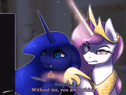 Size: 2000x1500 | Tagged: safe, artist:gasmaskfox, character:princess celestia, character:princess luna, species:alicorn, species:pony, abuse, choking, crown, crying, female, floppy ears, house of cards, jewelry, lunabuse, mare, out of character, parody, pink-mane celestia, regalia, royal sisters, serious, serious face