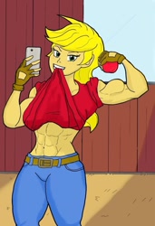 Size: 702x1028 | Tagged: safe, artist:matchstickman, character:applejack, species:human, abs, apple, applejacked, belt, cellphone, clothing, female, fingerless gloves, food, gloves, grin, humanized, jeans, muscles, pants, phone, selfie, shirt, shirt lift, smartphone, smiling, solo