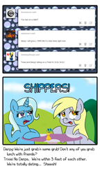Size: 1000x1734 | Tagged: safe, artist:outofworkderpy, character:derpy hooves, character:trixie, species:pegasus, species:pony, species:unicorn, comic:a derpy magic show, ship:tripy, awkward, awkward moment, blushing, comic, disgusted, embarrassed, female, funny, implied shipping, lesbian, mare, outofworkderpy, shipper on deck, shipping, tumblr, tumblr comic