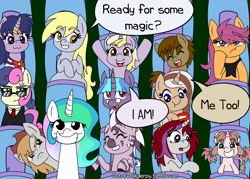 Size: 1400x1000 | Tagged: safe, artist:outofworkderpy, character:bon bon, character:derpy hooves, character:dinky hooves, character:sweetie drops, oc, oc:askthescootattorny, oc:celestia-stuff, oc:chain reaction, oc:flare flash, oc:hot fudge, oc:inquisitive colt, oc:kallisti, oc:longhaul, oc:sailor magic, oc:violet blossom, species:earth pony, species:pegasus, species:pony, species:unicorn, species:zebra, comic:a derpy magic show, celestia-stuff, comic, female, filly, funny, long neck, male, mare, mother and daughter, outofworkderpy, sailor moon, stallion, sweat, sweatdrop, sweatdrops, tumblr, tumblr comic, zebra oc