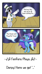 Size: 2000x3496 | Tagged: safe, artist:outofworkderpy, character:trixie, oc, oc:scrap paper, species:pony, species:unicorn, comic:a derpy magic show, cape, clothing, comic, female, fireworks, hat, magic show, mare, microphone, outofworkderpy, rearing, stage, trixie's cape, trixie's hat, tumblr, tumblr comic