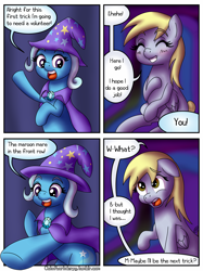 Size: 1666x2222 | Tagged: safe, artist:outofworkderpy, character:derpy hooves, character:trixie, species:pegasus, species:pony, species:unicorn, comic:a derpy magic show, cape, clothing, comic, duo, duo female, female, hat, magic show, mare, outofworkderpy, trixie's cape, trixie's hat, tumblr, tumblr comic