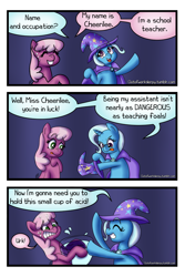 Size: 1066x1600 | Tagged: safe, artist:outofworkderpy, character:cheerilee, character:trixie, species:earth pony, species:pony, species:unicorn, comic:a derpy magic show, bipedal, cape, clothing, comic, duo, duo female, female, funny, hat, magic show, magic trick, mare, outofworkderpy, sweat, tongue out, trixie's cape, trixie's hat, tumblr, tumblr comic
