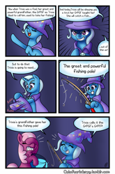 Size: 1500x2277 | Tagged: safe, artist:outofworkderpy, character:cheerilee, character:trixie, species:earth pony, species:pony, species:unicorn, comic:a derpy magic show, cape, clothing, comic, facehoof, female, fishing rod, funny, hat, magic show, magic trick, mare, outofworkderpy, tongue out, trixie's cape, trixie's hat, tumblr, tumblr comic