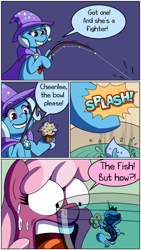Size: 2880x5120 | Tagged: safe, artist:outofworkderpy, character:cheerilee, character:trixie, oc, oc:sea pony luna, species:earth pony, species:pony, species:sea pony, species:unicorn, comic:a derpy magic show, cape, clothing, comic, female, fishing rod, food, funny, hat, magic show, magic trick, mare, muffin, outofworkderpy, surprised, trixie's cape, trixie's hat, tumblr, tumblr comic