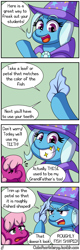 Size: 1280x4000 | Tagged: safe, artist:outofworkderpy, character:cheerilee, character:trixie, species:earth pony, species:pony, species:unicorn, comic:a derpy magic show, cape, clothing, comic, facehoof, female, funny, grin, hat, leaf, magic show, magic trick, mare, outofworkderpy, smiling, trixie's cape, trixie's hat, tumblr, tumblr comic