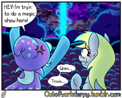 Size: 1280x1028 | Tagged: safe, artist:outofworkderpy, artist:wiggles, character:derpy hooves, character:trixie, species:pegasus, species:pony, species:unicorn, comic:a derpy magic show, ask king sombra, cape, clothing, comic, female, funny, hat, magic show, magic trick, mare, outofworkderpy, shot seen around the world, sweat, sweatdrop, trixie's cape, trixie's hat, tumblr, tumblr comic