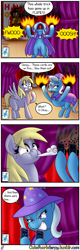 Size: 1280x4000 | Tagged: safe, artist:outofworkderpy, character:derpy hooves, character:trixie, oc, oc:brownie bun, species:pegasus, species:pony, species:unicorn, comic:a derpy magic show, horse wife, cape, card trick, clothing, comic, female, fire, funny, grin, hat, magic show, magic trick, mare, outofworkderpy, smiling, stage, trixie's cape, trixie's hat, tumblr, tumblr comic