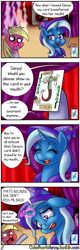 Size: 1280x4000 | Tagged: safe, artist:outofworkderpy, character:derpy hooves, character:discord, character:trixie, oc, oc:brownie bun, species:pegasus, species:pony, species:unicorn, comic:a derpy magic show, horse wife, blushing, cape, card trick, clothing, comic, crying, fake crying, fake tears, female, hat, magic show, magic trick, mare, outofworkderpy, stage, steam, trixie's cape, trixie's hat, tumblr, tumblr comic