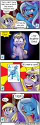 Size: 640x2000 | Tagged: safe, artist:outofworkderpy, character:derpy hooves, character:dinky hooves, character:trixie, oc, oc:brownie bun, species:pegasus, species:pony, species:unicorn, comic:a derpy magic show, horse wife, cape, card trick, clothing, comic, female, filly, funny, hat, magic show, magic trick, mare, mother and daughter, outofworkderpy, stage, starry eyes, trixie's cape, trixie's hat, tumblr, tumblr comic, wingding eyes