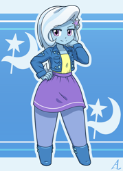 Size: 1000x1400 | Tagged: safe, artist:acesrockz, character:trixie, my little pony:equestria girls, boots, clothing, cute, cutie mark background, female, jacket, looking at you, moe, pantyhose, shoes, skirt, smiling, solo