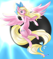 Size: 3520x3968 | Tagged: safe, artist:bunnywhiskerz, oc, oc only, oc:bay breeze, species:pegasus, species:pony, bow, eclipse, female, flying, gift art, hair bow, mare, moon, one eye closed, open mouth, sky, smiling, solar eclipse, solo, sun, wink