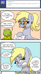 Size: 640x1169 | Tagged: safe, artist:outofworkderpy, character:derpy hooves, species:pegasus, species:pony, comic, duo, female, frog, funny, glasses, kermit the frog, mare, outofworkderpy, pun, teaching, tumblr, tumblr comic