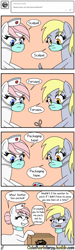 Size: 640x2125 | Tagged: safe, artist:outofworkderpy, character:derpy hooves, character:nurse redheart, species:earth pony, species:pegasus, species:pony, comic, duo, duo female, female, forceps, funny, mare, nurse, outofworkderpy, package, scalpel, surgical mask, sweat, tumblr, tumblr comic