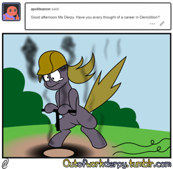 Size: 640x628 | Tagged: safe, artist:outofworkderpy, character:derpy hooves, species:pegasus, species:pony, comic, demolition, detonator, explosion, explosion aftermath, female, funny, mare, old joke is old, outofworkderpy, safety hat, tumblr, tumblr comic