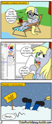 Size: 1280x3033 | Tagged: safe, artist:outofworkderpy, character:derpy hooves, species:human, species:pegasus, species:pony, breaking the fourth wall, comic, deck chair, female, funny, mare, outofworkderpy, paint tool sai, shovel, snow, tumblr, tumblr comic