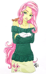 Size: 791x1280 | Tagged: safe, artist:candasaurus, edit, character:angel bunny, character:fluttershy, species:bird, my little pony:equestria girls, carrying, clothing, off shoulder, simple background, sleeping, smiling, sweater, sweater dress, sweatershy, traditional art