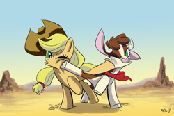 Size: 1024x683 | Tagged: safe, artist:lytlethelemur, community related, character:applejack, character:arizona cow, species:cow, species:earth pony, species:pony, them's fightin' herds, clothing, cloven hooves, cowboy hat, cross counter, crossover, desert, female, fight, hat, impact, kick, mare