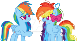 Size: 1024x542 | Tagged: safe, artist:bezziie, character:rainbow dash, species:pegasus, species:pony, colored pupils, deviantart watermark, double rainbow, duality, eye clipping through hair, female, high, lesbian, obtrusive watermark, ponidox, self ponidox, shipping, simple background, transparent background, watermark