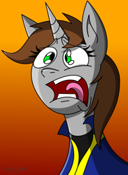 Size: 1200x1637 | Tagged: safe, artist:derpanater, oc, oc only, oc:littlepip, species:pony, species:unicorn, fallout equestria, bust, female, freaking out, gradient background, mare, open mouth, portrait, screaming, solo, vault suit, wide eyes