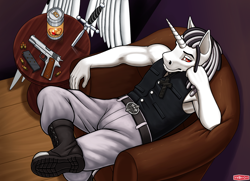 Size: 1440x1041 | Tagged: safe, artist:wwredgrave, oc, oc only, oc:lord halo, species:anthro, species:pony, species:unicorn, anthro oc, boots, clothing, commission, dagger, handgun, handsome, male, shoes, sitting, soda, solo, stallion, weapon