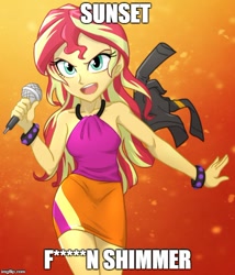 Size: 500x583 | Tagged: safe, artist:ta-na, character:sunset shimmer, my little pony:equestria girls, badass, censored vulgarity, clothing, downstait, female, heavy metal, image macro, meme, microphone, seth rollins, skirt, solo, vulgar, wwe