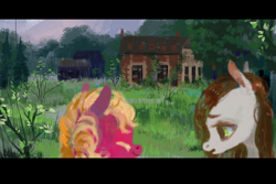 Size: 1024x686 | Tagged: safe, artist:wolfiedrawie, oc, oc only, oc:chica, oc:drew, species:pony, newbie artist training grounds, atg 2017, duo, house, letterboxing, scenery
