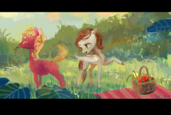 Size: 900x603 | Tagged: safe, artist:wolfiedrawie, oc, oc only, oc:chica, oc:drew, species:pony, duo, eating, fruit, fruit basket, grass, grazing, horses doing horse things, picnic, pointing, scenery
