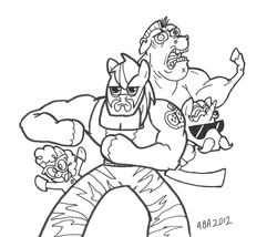 Size: 1166x1000 | Tagged: safe, artist:abronyaccount, character:big mcintosh, character:bulk biceps, character:fancypants, character:twist, species:anthro, action hank, black and white, dexter's laboratory, grayscale, monochrome, roid rage, sunglasses