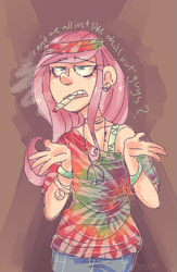 Size: 489x750 | Tagged: safe, artist:steeve, character:fluttershy, species:human, abstract background, cigar, clothing, drugs, ear piercing, earring, female, hippie, hippieshy, humanized, jewelry, off shoulder, peace sign, piercing, smoking, solo