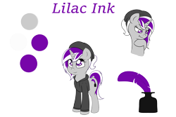 Size: 3000x2000 | Tagged: safe, artist:fluttair, oc, oc only, oc:lilac ink, species:pony, beanie, clothing, commission, female, hat, hoodie, quill, reference sheet, simple background, solo, transparent background