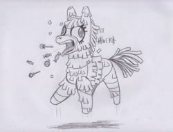Size: 2219x1685 | Tagged: safe, artist:scribblepwn3, species:pony, episode:discordant harmony, g4, my little pony: friendship is magic, animate object, candy, food, living piñata, monochrome, pencil drawing, piñata, solo, throwing up, traditional art
