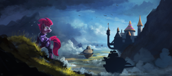 Size: 2025x900 | Tagged: dead source, safe, artist:shamanguli, character:tempest shadow, species:pony, species:unicorn, my little pony: the movie (2017), airship, armor, broken horn, canterlot, female, looking back, mare, scenery, solo