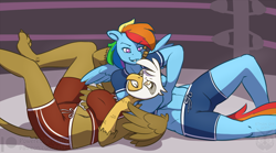 Size: 1200x669 | Tagged: safe, artist:ethanqix, character:gilda, character:rainbow dash, species:anthro, species:griffon, species:unguligrade anthro, clothing, fight, grin, smiling, sports, wrestling