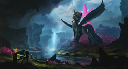 Size: 2100x1135 | Tagged: safe, artist:shamanguli, character:twilight sparkle, character:twilight sparkle (alicorn), species:alicorn, species:earth pony, species:pony, species:unicorn, cliff, crepuscular rays, crystal, eyes closed, female, gem, mare, mountain, river, scenery, scenery porn, spread wings, statue, waterfall, wings