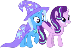 Size: 4295x2889 | Tagged: safe, artist:sonofaskywalker, character:starlight glimmer, character:trixie, species:pony, species:unicorn, episode:to change a changeling, g4, my little pony: friendship is magic, absurd resolution, boop, cape, clothing, covering, cute, diatrixes, female, glimmerbetes, grin, hat, mare, nervous, nose wrinkle, raised hoof, scrunchy face, shush, simple background, smiling, squee, transparent background, trixie's cape, trixie's hat, vector, wide eyes