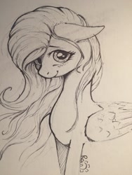 Size: 960x1280 | Tagged: safe, artist:rain-gear, character:fluttershy, species:pony, bust, female, floppy ears, ink, looking at you, monochrome, portrait, smiling, solo, traditional art, windswept mane, wings