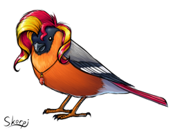 Size: 1308x989 | Tagged: safe, artist:skorpionletun, character:sunset shimmer, species:bird, birb, birdified, bullfinch, chest fluff, jewelry, male, necklace, rule 63, signature, simple background, solo, species swap, wat, white background