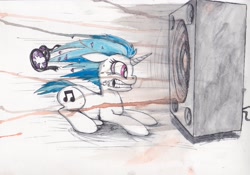 Size: 2301x1608 | Tagged: safe, artist:scribblepwn3, character:dj pon-3, character:vinyl scratch, species:pony, species:unicorn, bass cannon, broken goggles, female, goggles, ink, solo, this will end in deafness, traditional art, watercolor painting