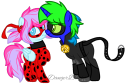 Size: 1016x682 | Tagged: safe, artist:bezziie, base used, oc, oc only, oc:sarah, oc:strawberry pie, species:pegasus, species:pony, species:unicorn, boop, chat noir, female, mare, miraculous ladybug, noseboop, simple background, transparent background
