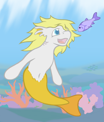 Size: 2400x2800 | Tagged: safe, artist:parallel black, oc, oc only, oc:salmonia, commission, coral, ear fins, fish, gills, merpony, ocean, solo, underwater