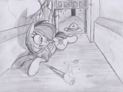 Size: 2256x1701 | Tagged: safe, artist:scribblepwn3, character:daring do, species:pegasus, species:pony, clothing, female, hat, monochrome, pencil drawing, solo, temple, torch, traditional art